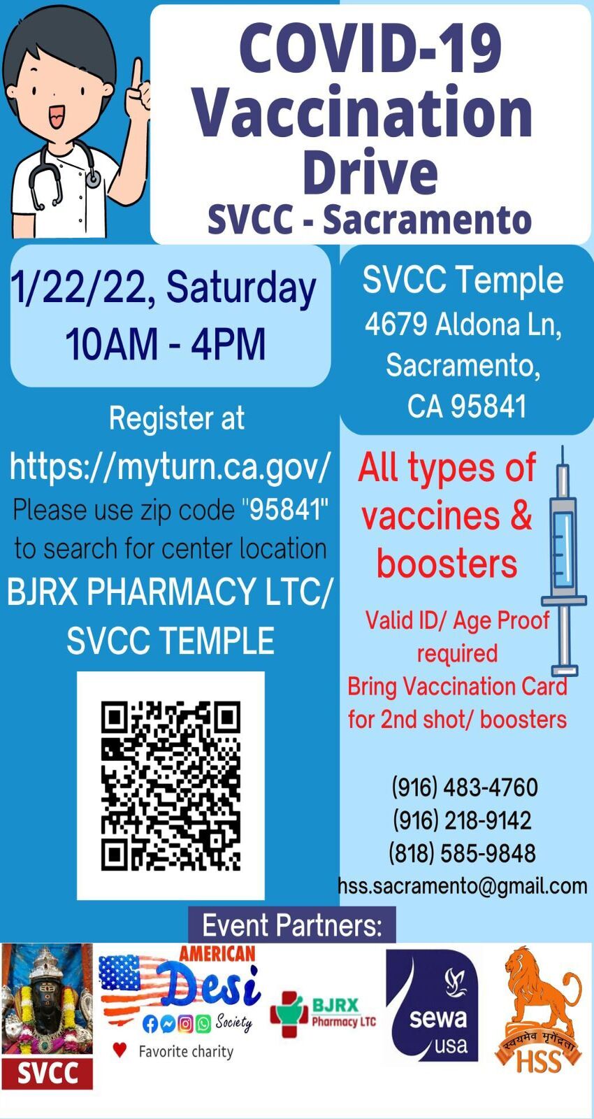 Covid-19 Vaccination Drive Sat Jan 22 1/22 10am-4pm SVCC Temple Sacramento